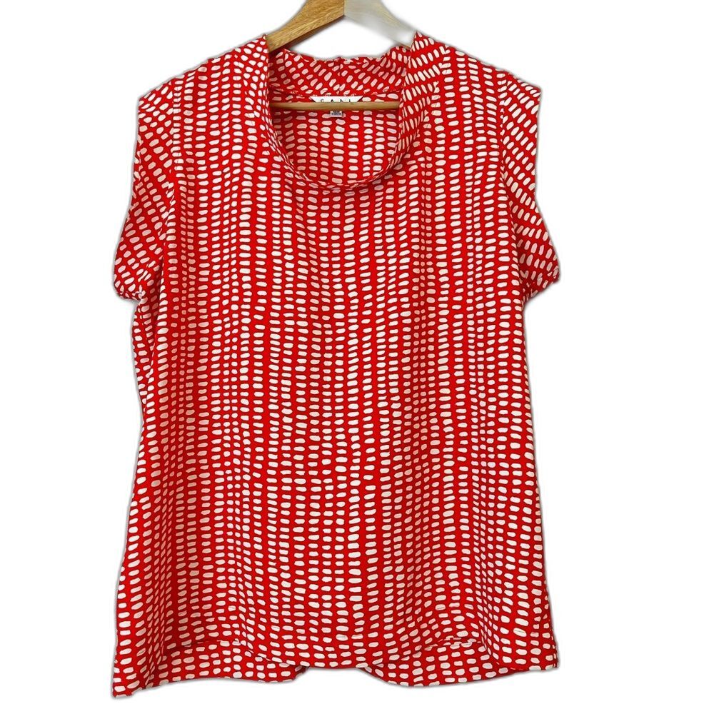 CAbi Madeleine Sleeveless Large Red White Geometric Print Blouse #294 Office